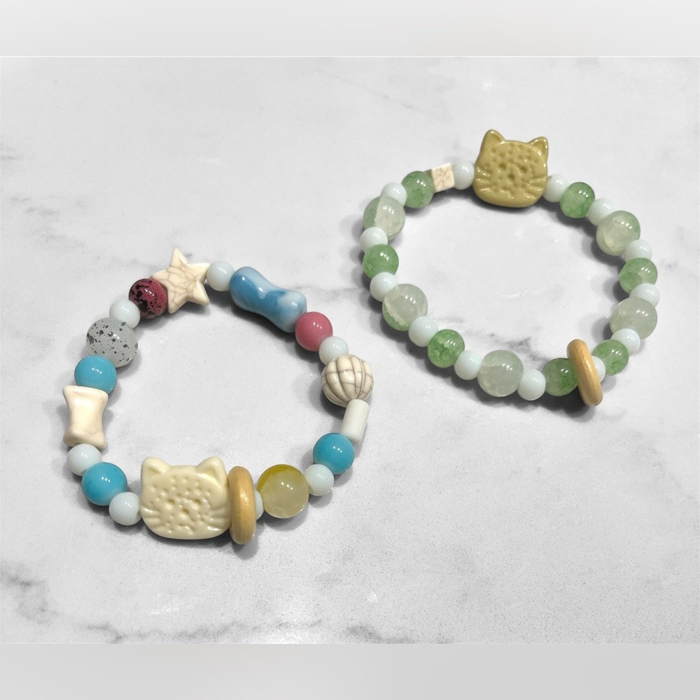 2 Pack Colorful Beaded Bracelets with Cat 🐱 Charm - Special Bundle Discount!